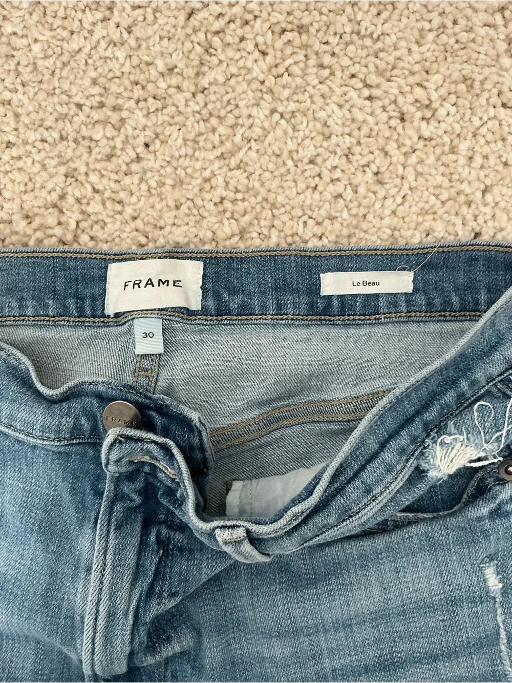Frame Denim Light Blue Le Beau Distressed Denim Shorts